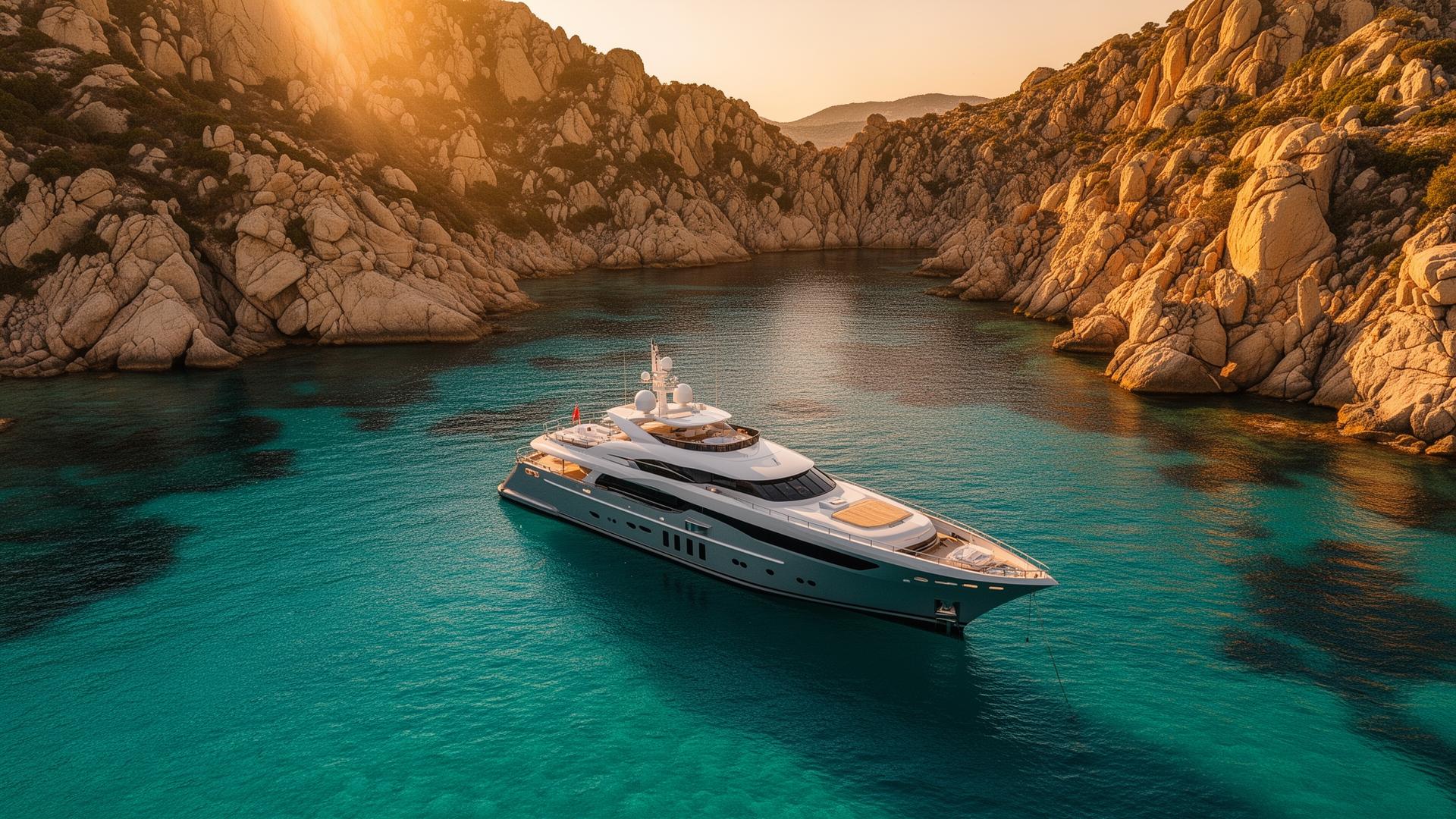 Aerial drone view of a private boat in a turquoise Sardinian cove