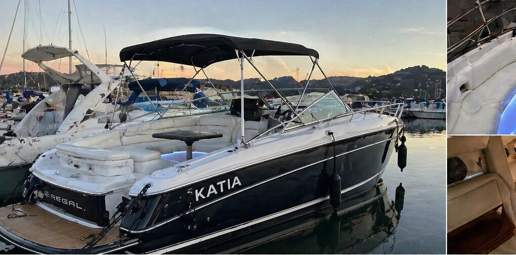 Katia, our private boat, moored at Marina di Capitana in Cagliari at sunset