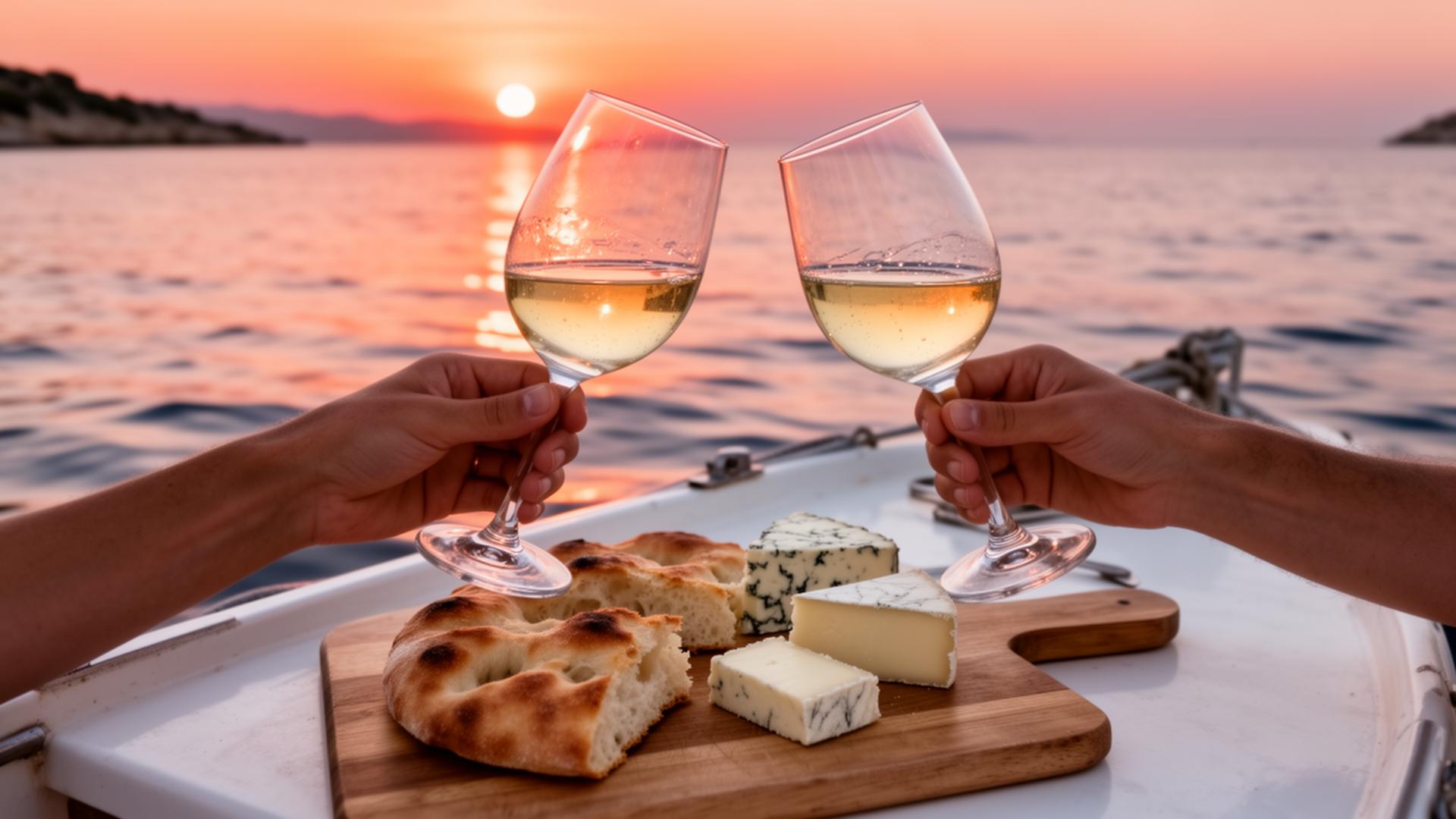 Sunset aperitif with white wine and focaccia