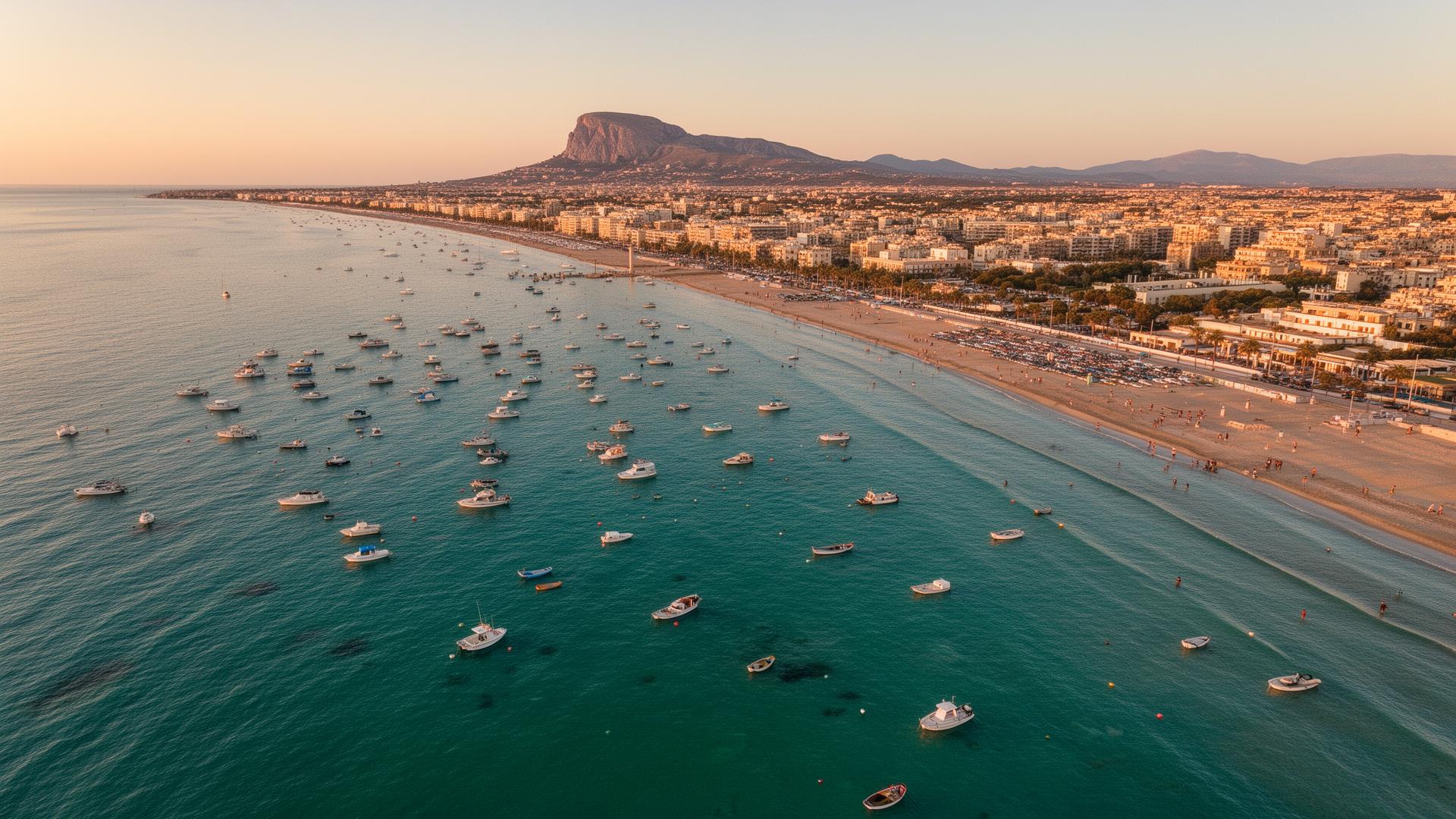 Cagliari coastline at sunset with anchored boats