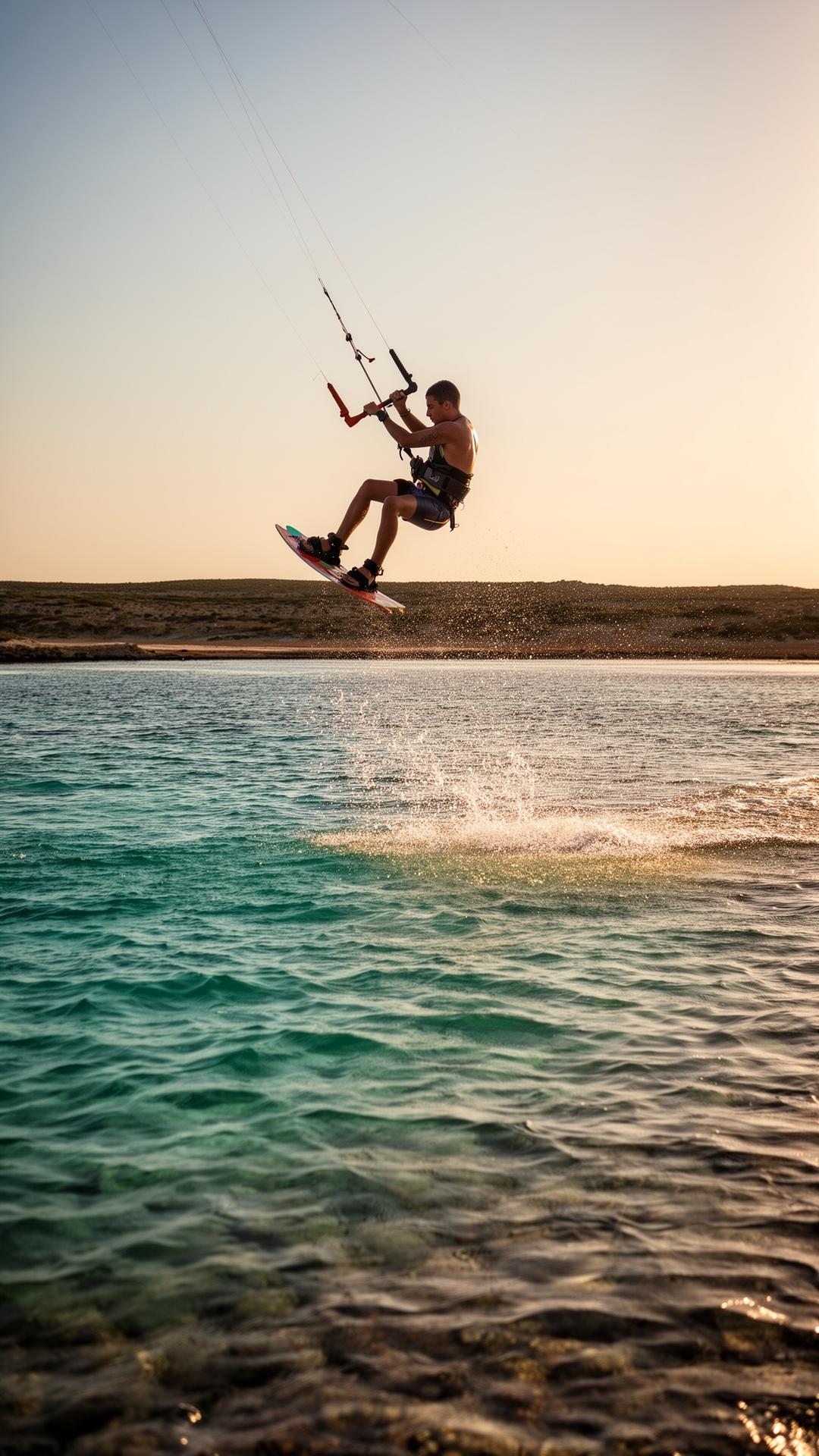 Kitesurfer jumping at sunset in Sardinia